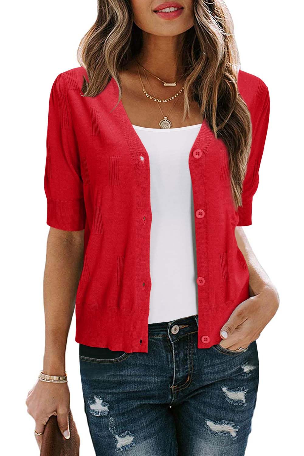 Arach&amp;Cloz Women's Lightweight Spring Summer Business Casual Cropped Short Sleeve Cardigan