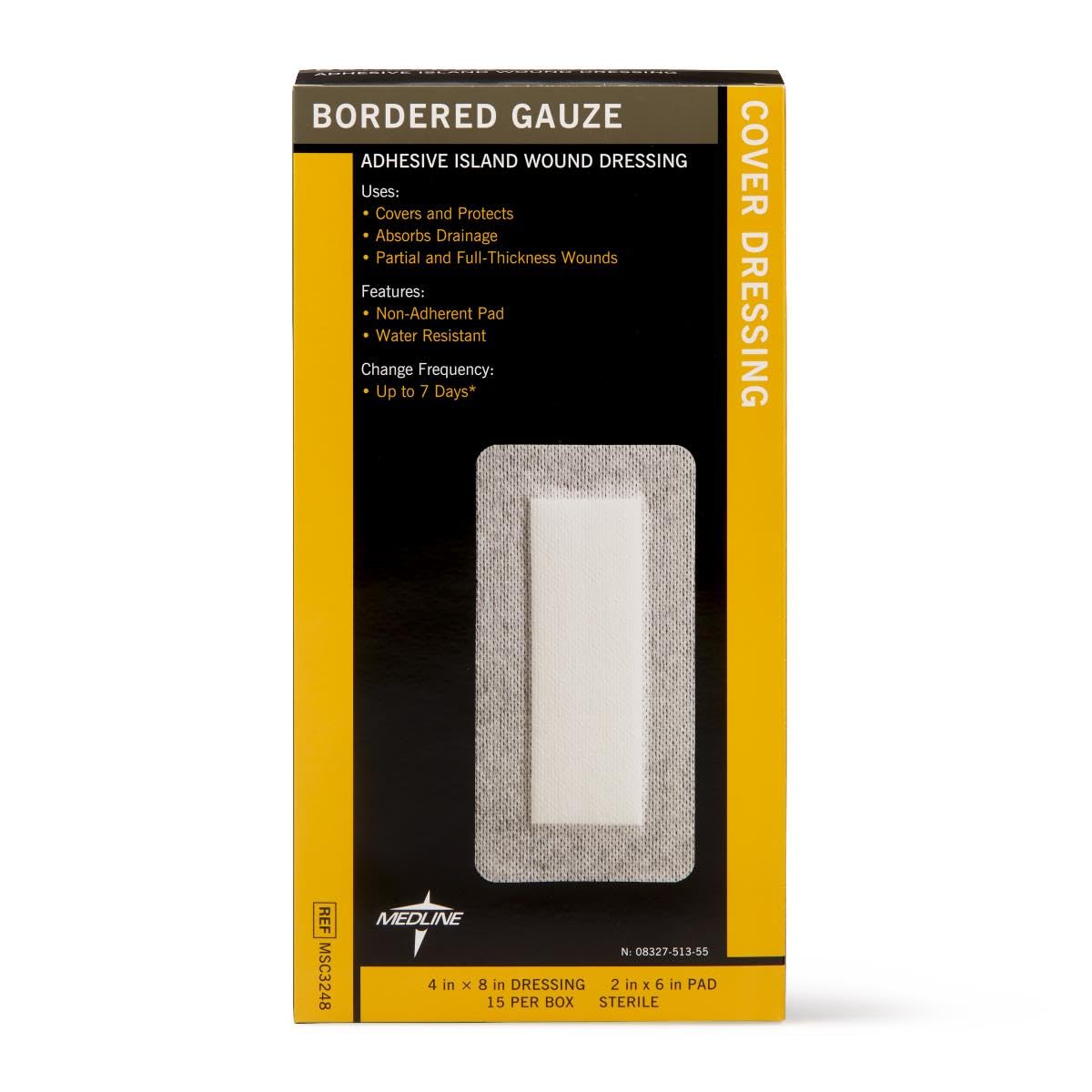 Medline Bordered Gauze, 4" x 8" Adhesive Island Wound Dressing, Sterile, 15 Count