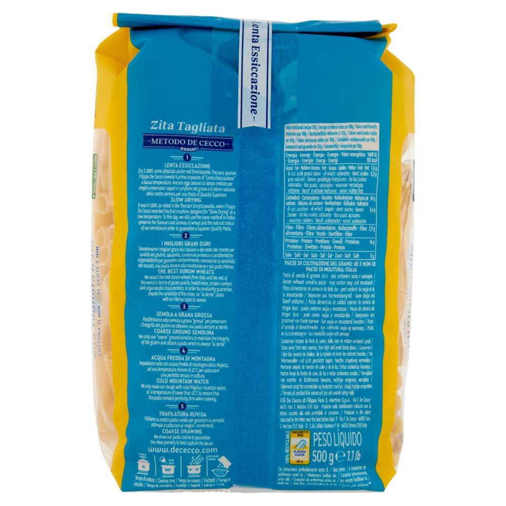De Cecco Zita Tagliata n°118, pasta de trigo duro 24 x 500 g - secado lento ~9 h, textura firme - cocción 11 min (al diente 9 min) - Fabricado en Italia + Italian Gourmet Polpa 400 g