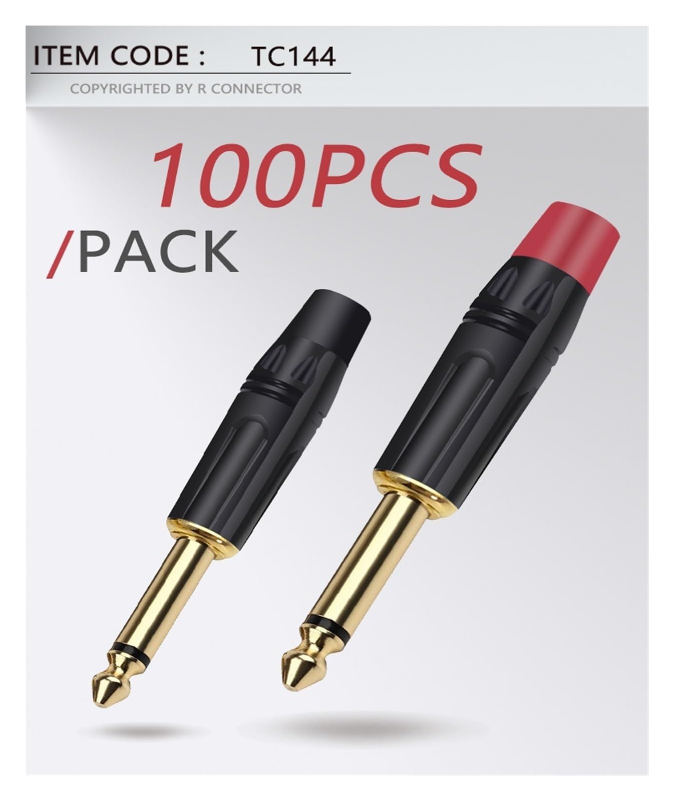 100 conectores jack de 6,35 mm, conector macho mono de 6,3 mm, de latón chapado en oro, de 1/4 de pulgada for micrófono.(Black Tail)