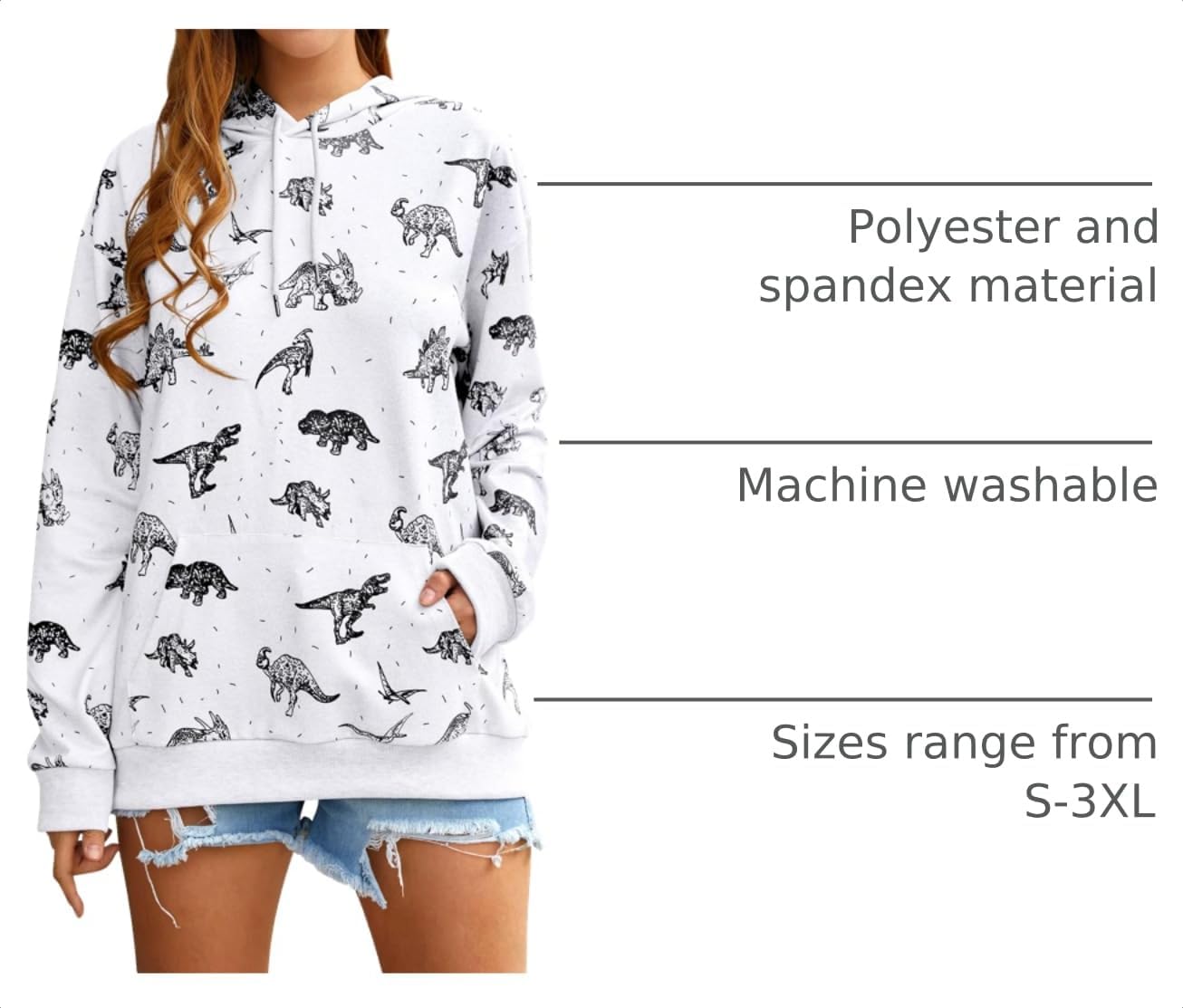 Women Cute Dinosaur Hoodie Lightweight Dino Graphic Pullovers With Pockets | Dinosaurs Shirt，Womens Novelty Dinosaur Sweatshirts，Comfort Animal Graphic Hoodies Sweatshirts，Holiday Long Sleeve Tops