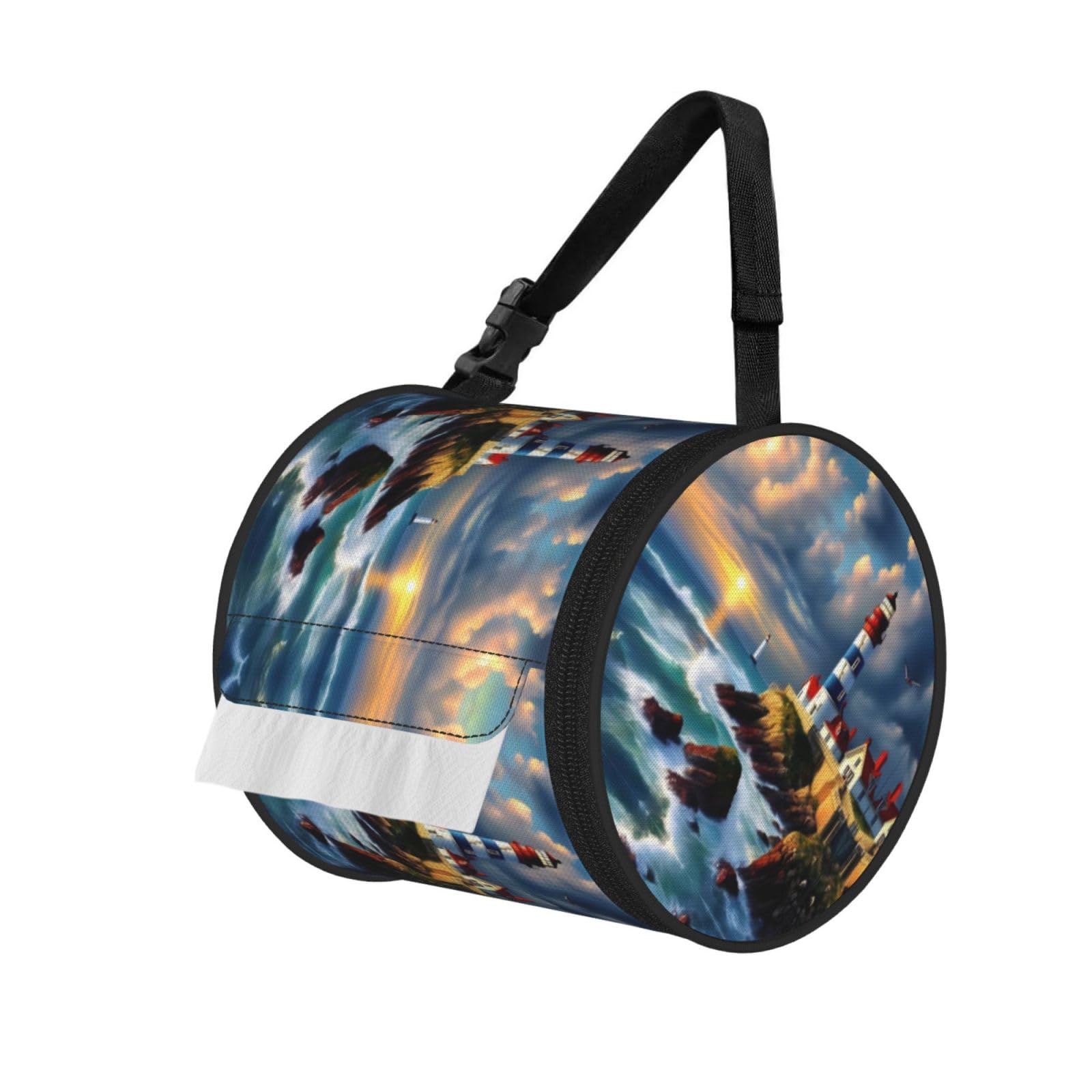 Jiuty Black Lighthouse Diamond Paint Print Cylinder Tissue Organizer Bag With Strap, Portable Toilet Roll Holder For Camping Car