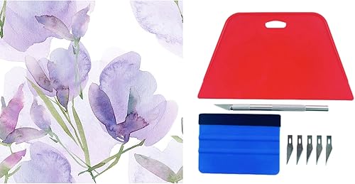 BaoHArtHome Kit de papel tapiz floral morado para despegar y pegar, herramienta de alisado, papel de contacto extraíble, hojas blancas y moradas,