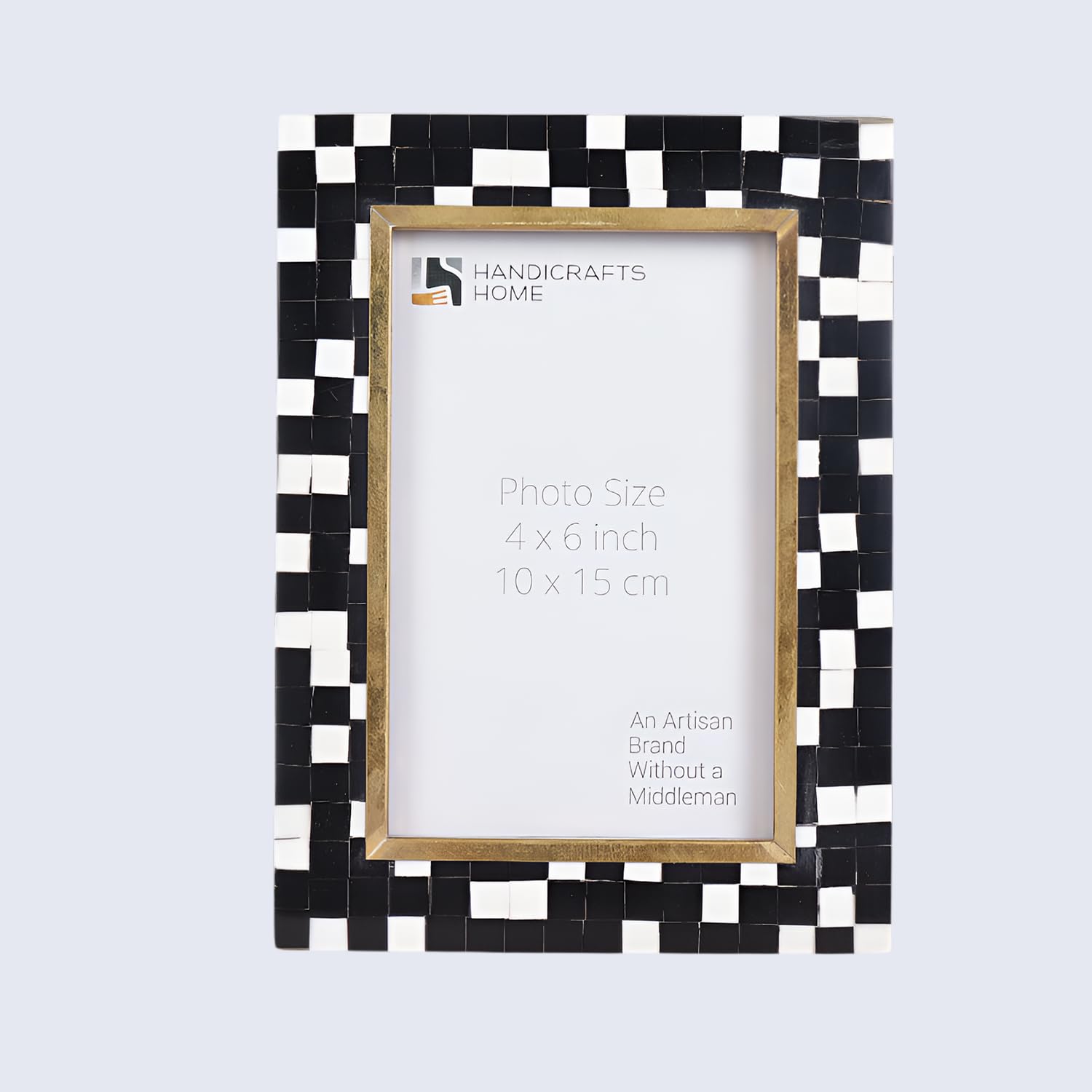 Handicrafts Home Wood Picture Frame for Christmas Decor Gift, Handmade 4x6 Halo Mosaic Brass Wood Photo Frame for Wall & Tabletop, Rustic Farmhouse, Vintage & Boho Modern Home & Desk Decor-Black/White