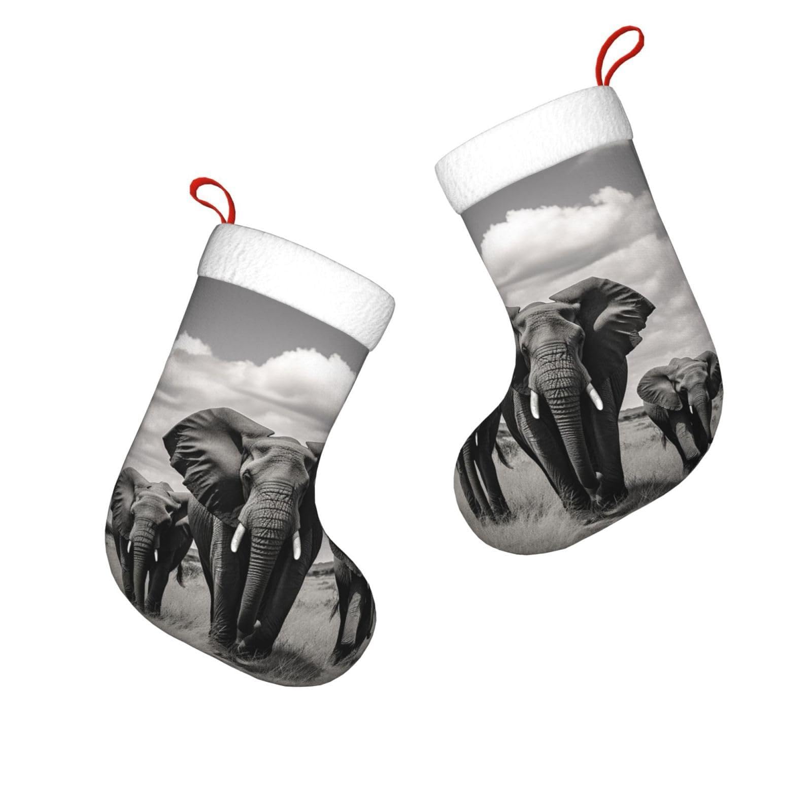 FodPand 17.7" Christmas Stocking 1 Piece, Elephant Walking Xmas Stockings with White Plush Cuff Fireplace Hanging Stocking for Christmas Holiday Party Decoration