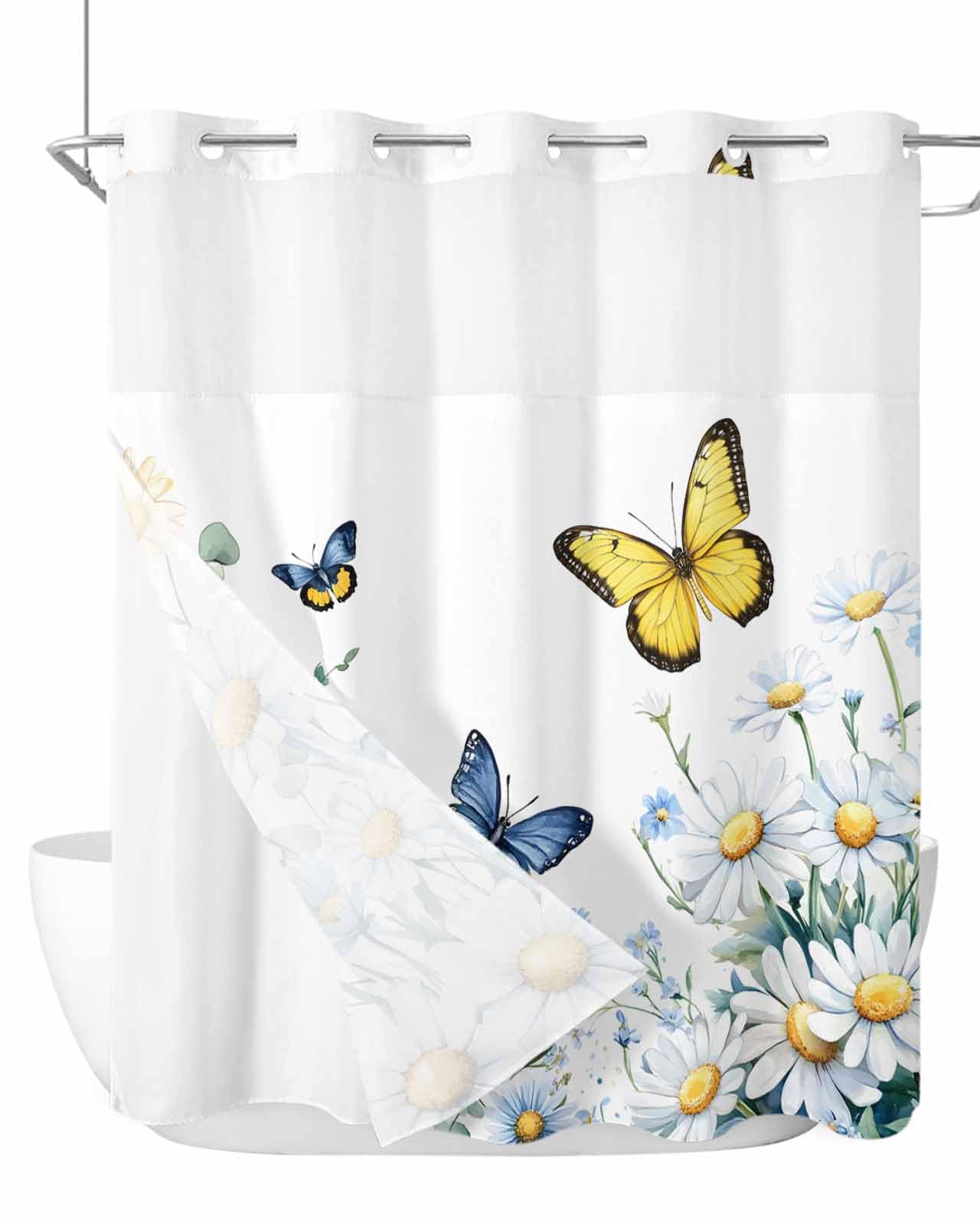 Watercolor Daisy No Hooks Shower Curtain and Liner Set,Green Eucalyptus Leaves Simple White Hotel Style Bathroom Shower Curtains Waterproof Polyester
