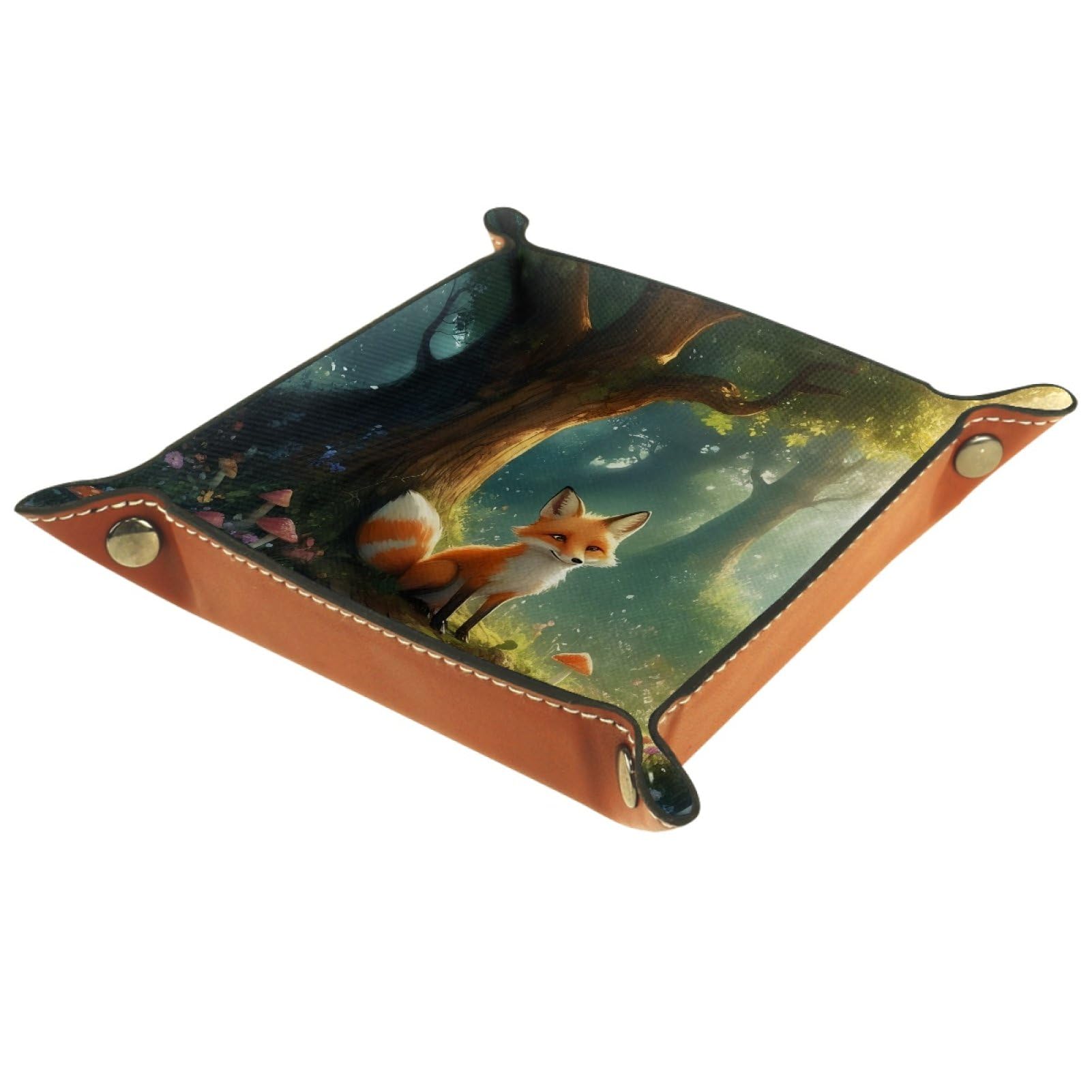 VAPOKF Foxes Portable Dice Rolling Tray, Microfiber Leather Dice Holder Game Box for D&D, RPG, Table Games or Desktop Phone Key Storage, 20.5 × 20.5 cm
