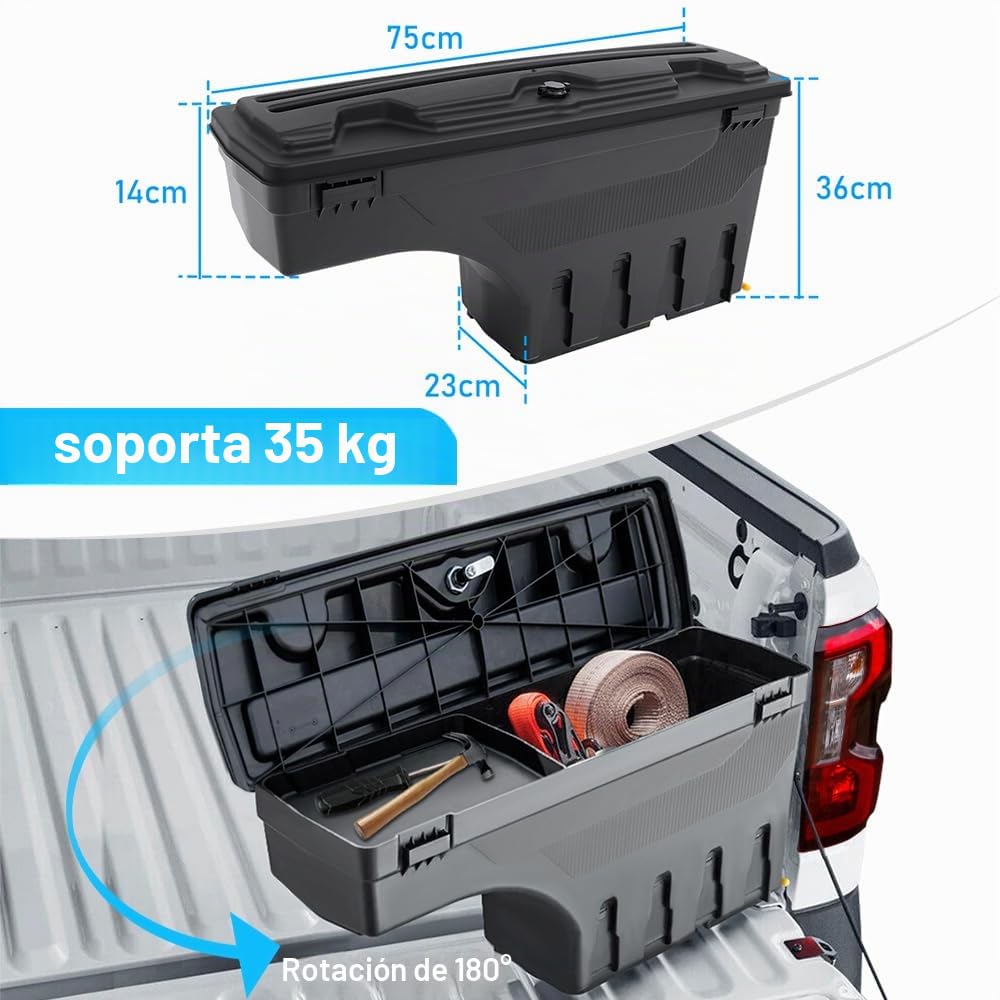 Caja de herramientas de almacenamiento para Ford Ranger 2023 2024 T9 Pickup Wildtrak Raptor XL XLT Limited Tremor Platinum Caja de herramientas Organizador 180° Swing Case (lado derecho)