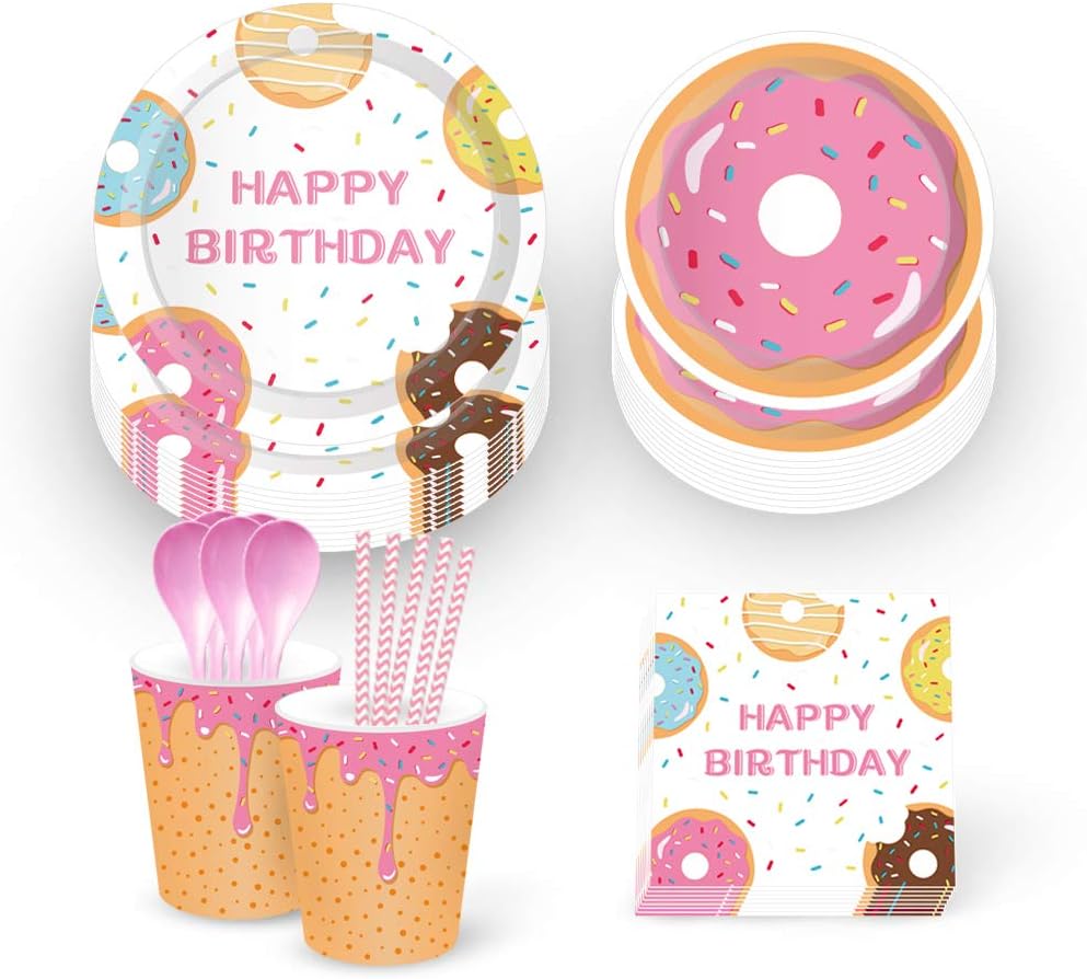 Donut Party Supplies,Donut Grow Up Party Supplies-Serves 16-Includes Donut Paper Plates,Cups,Napkins and Straw for Donut Party, Donut Grow Up Party, Hawaiian Party,1st Birthday,Baby