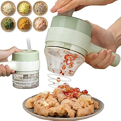 HAUSHUT ABS 4 in 1 Multifunctional Handheld Electric Mini Vegetable Cutter Chopper Crusher Kitchen Tool Machine for Onion Chilli Vegetables Dry Fruits Meat Kitchen Use - 1 Set, Green