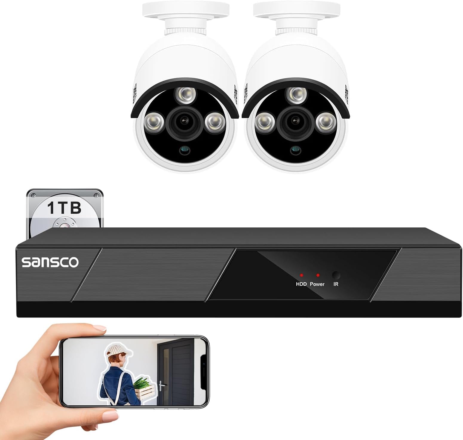 POE CCTV Security Camera System with 1TB Hard Drive, 4K 8CH H.265 NVR, 2x 5MP Outdoor IP Cameras, Built-in Mic, AI Human Face Detection, Night Vision, Remote Access-White Cam