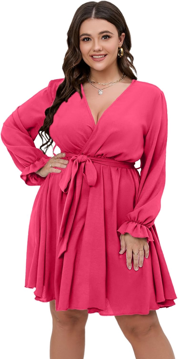 SCOMCHIC Women's Plus Size Long Sleeve Wrap V Neck Tie Waist A Line Mini Dress - Image 2