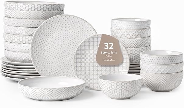 FOBENTA 32-Piece Luxury Dinnerware Set,Complete Plates and Bowls Set for 8,Upscale Ceramic Dish Set for Hosting, Holidays & Family GatheringsMicrowave & Dishwasher Safe