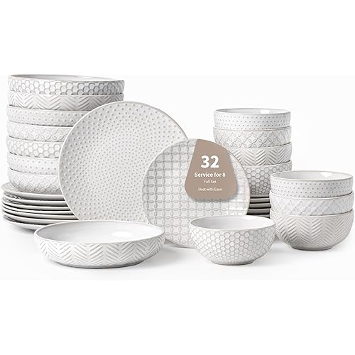 32-Piece Luxury Dinnerware Set,Complete Plates and Bowls Set for 8,Upscale Ceramic Dish Set for Hosting, Holidays & Family Gatherings–Microwave & Dishwasher Safe