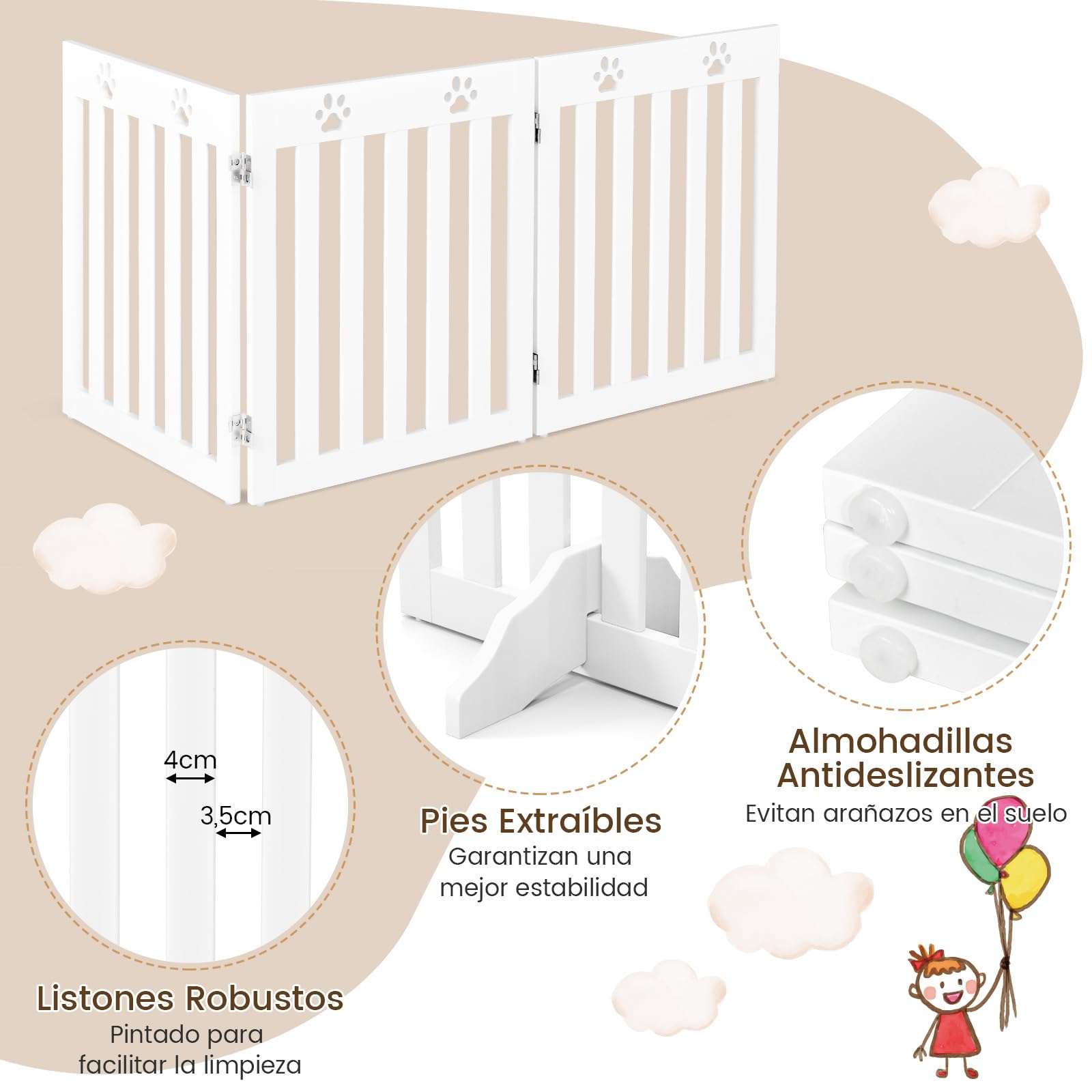 COSTWAY Barrera de Seguridad Plegable para Perros Mascotas Valla Protección para Habitación Puerta Escalera (Blanco, 3 Paneles)