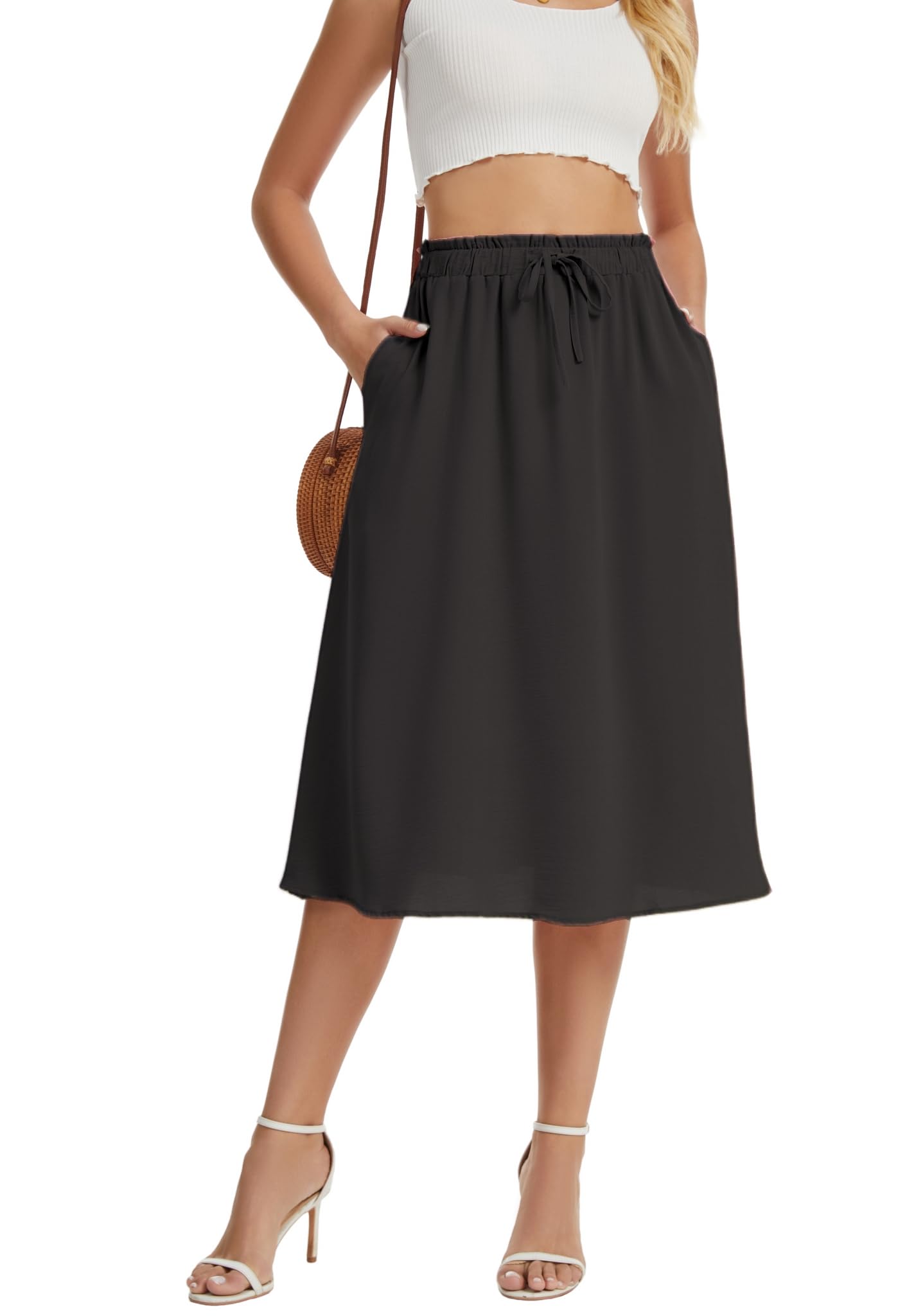 WUWUSKY Damen Rock Sommer Midi Langer Swing-Röcke Hohe Taille Skirt A-Linie Midiskirt Elegant Röcke mit Taschen mit Taschen