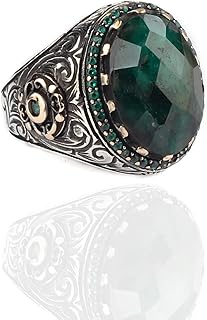 Emerald Stone Men Silver Ring, 925 Sterling Silver Emerald Gemstone Ring, Handmade Engraved Turkish Silver Ring with Natural Emerald Stone
