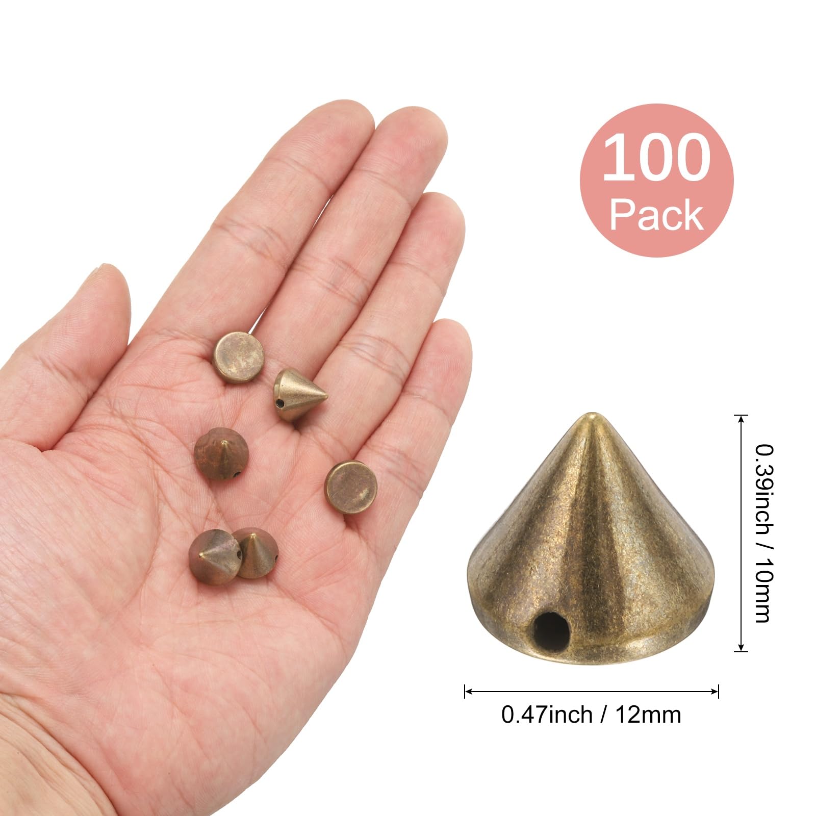 M METERXITY 100-Pack Spike Cone Studs 12x10 mm Plastic Flat Back Sew on Punk Style Spike Stud with Hole for Garments/Shoes/Bags/DIY Leather Craft/Fabric Clothes Bronze Tone - Image 3