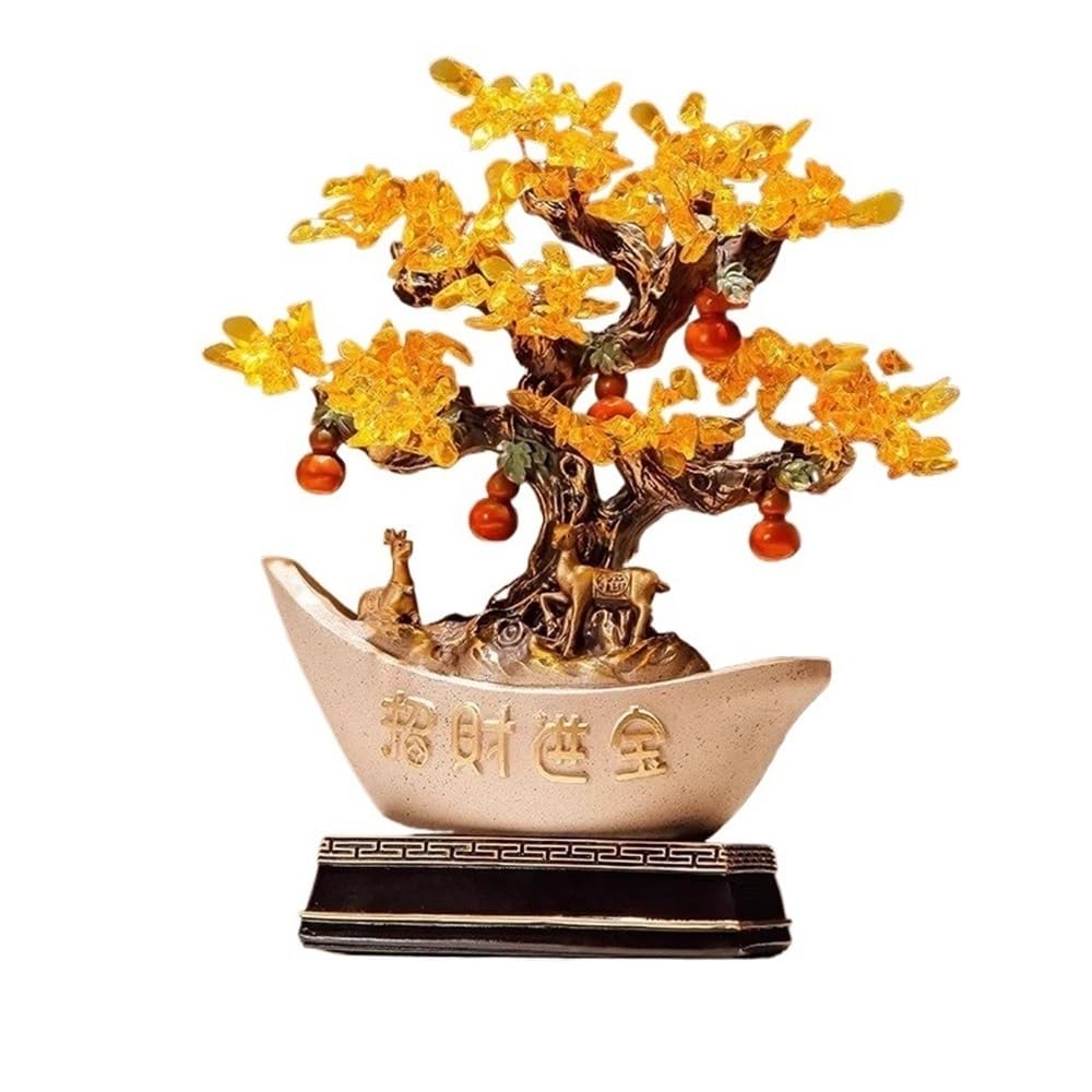 Home Decor Citrine Fortune Tree Ornament, with Gold Ingot Crystal Decoration, Opening Housewarming Decor Bonsai(Beige)