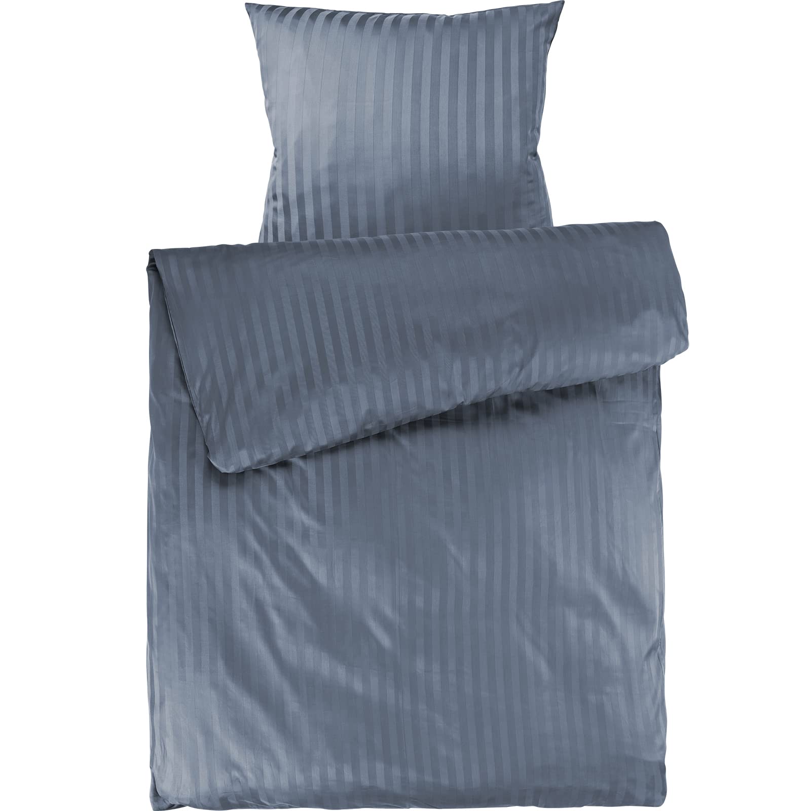 Pure Label Mako Satin Damast Streifen Bettwäsche 135x200 80x80 blau | Waschbar bis 60°C, Reißverschluss - Atmungsaktiv & Anti-Pilling