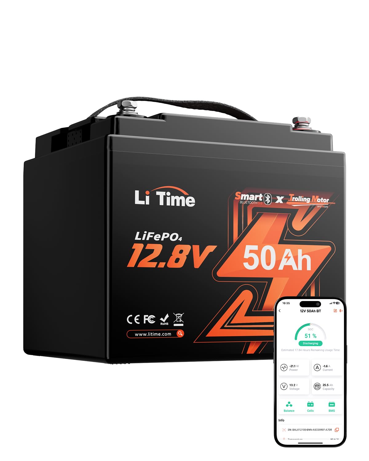 Litime Batería de Litio 12V 50Ah Bluetooth con Protección Baja Temperatura, Baterías LiFePO4 12V 50Ah con 50A BMS, Max 15000+ Ciclos, para Motores Trolling, Barca, Sondas Pesca, Autocaravana, Camper