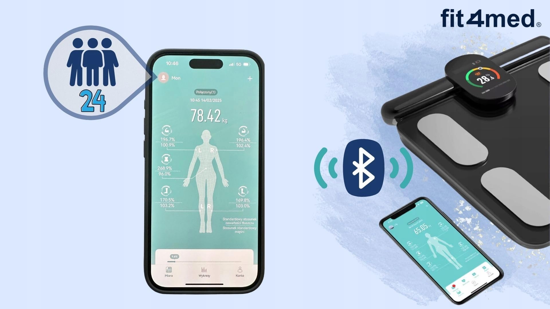Inteligentna Waga z Analizą Składu Ciała, Czarna, Bluetooth, Szkło Hartowane, 31x35x5cm, Ładowalna Bateria 500mAh, Pomiar do 180kg