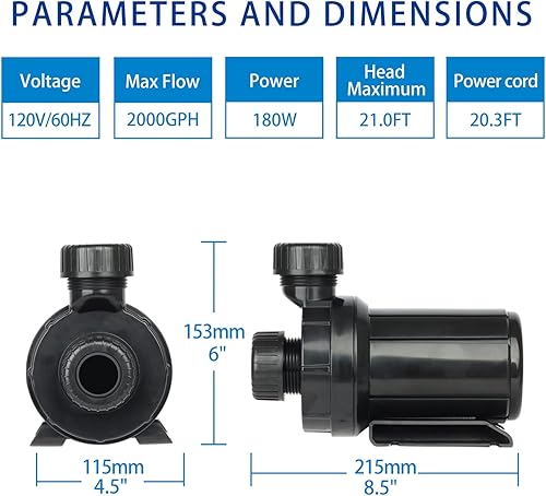 Miniatura 3 de OYO WATER 2000GPH Bombas de estanque sumergibles al aire libre en línea Bomba de agua de estanque de cabeza alta para jardín Fuente de cascada Bomba