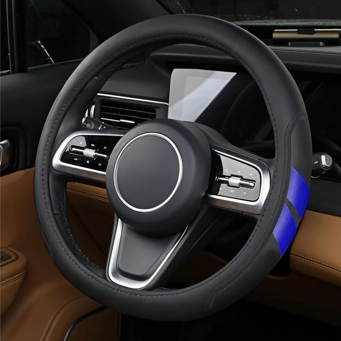 Leather Steering Wheel Cover Compatible with Dodge Challenger Charger Durango Avenger Ram (Blue)