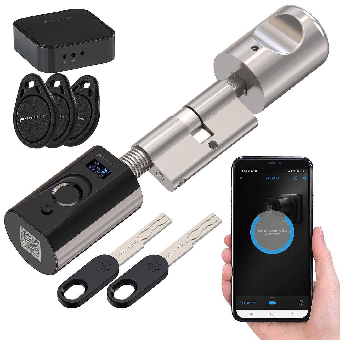 VisorTech Fingerscan Türschloss: Elektronischer Tür-Schließzylinder mit Fingerabdruck, Transponder +GW (Türschloss Haustür Fingerabdruck, elektrisch, Fingerprint, RFID)