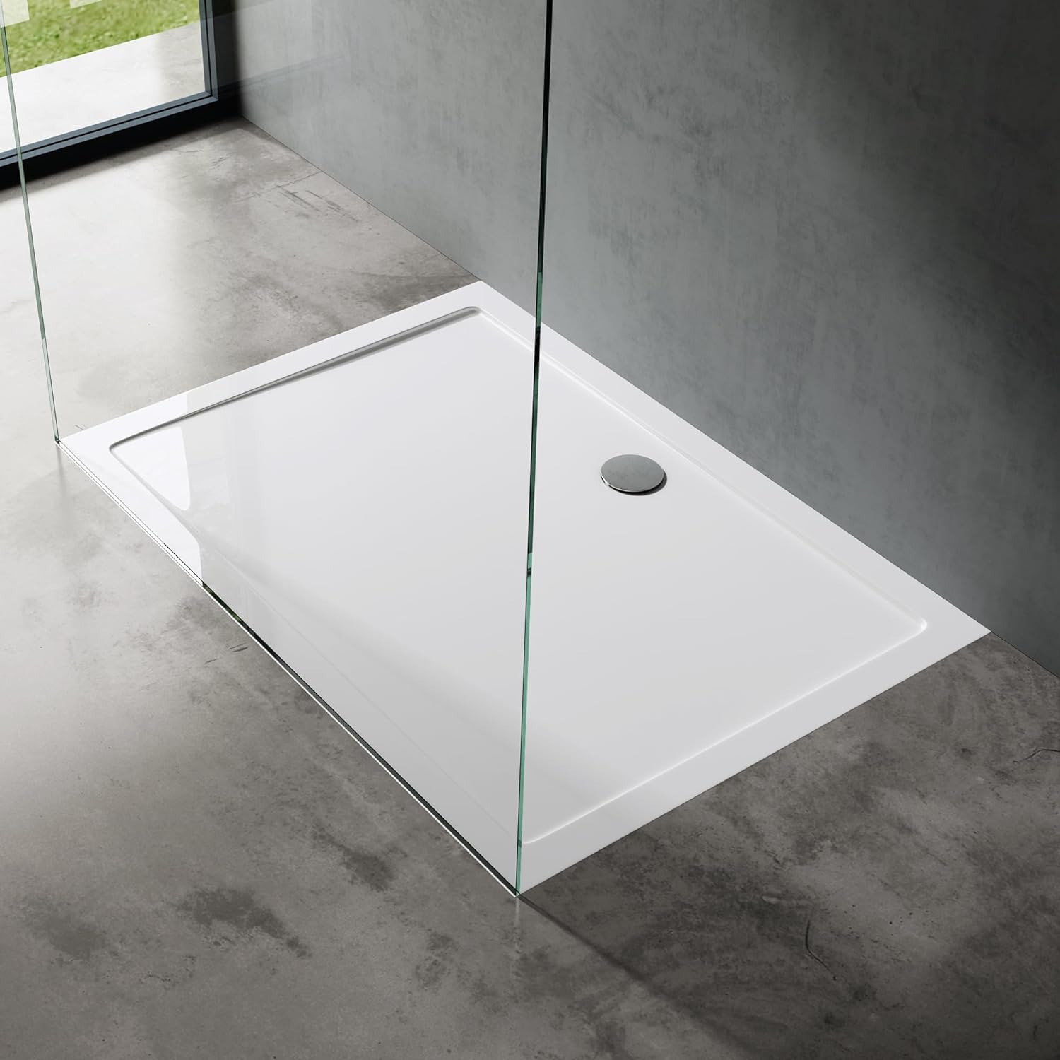 doporro Plato de ducha plano diseño Faro2W 75x90x4 de acrílico en blanco rectangular incl. válvula de desagüe adecuada para instalación a nivel del suelo y conexiones-DIN