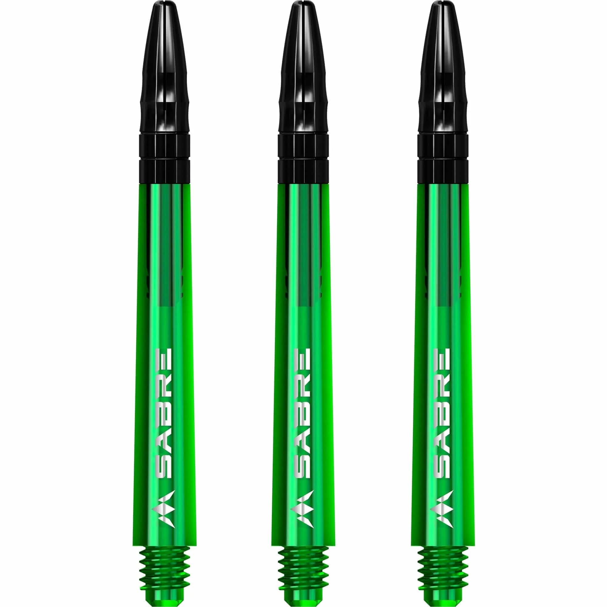 Mission Darts Sabre Shafts | Durable Polycarbonate Stems with Black Aluminium Top | 3 Sets of 3 Shafts | Green | Medium (S1548)