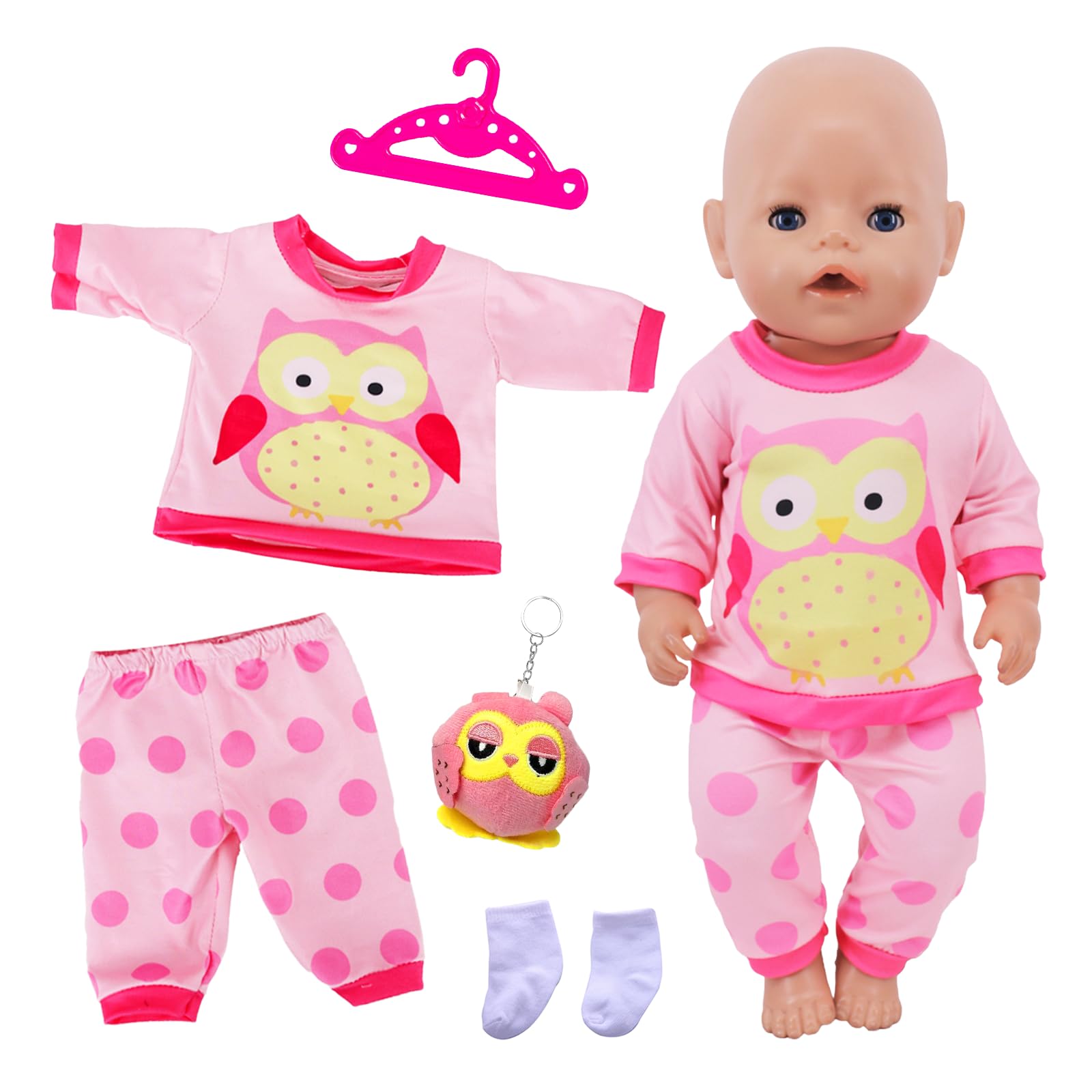Baby Doll Clothes for 14-18 Inch Doll, Baby Doll Accessories for 35-45cm Dolls, Sweet Dolls Clothes with Owl Doll, Owl Top and Pants, Socks & Hanger, Pink Doll Clothes for Kids Birthday