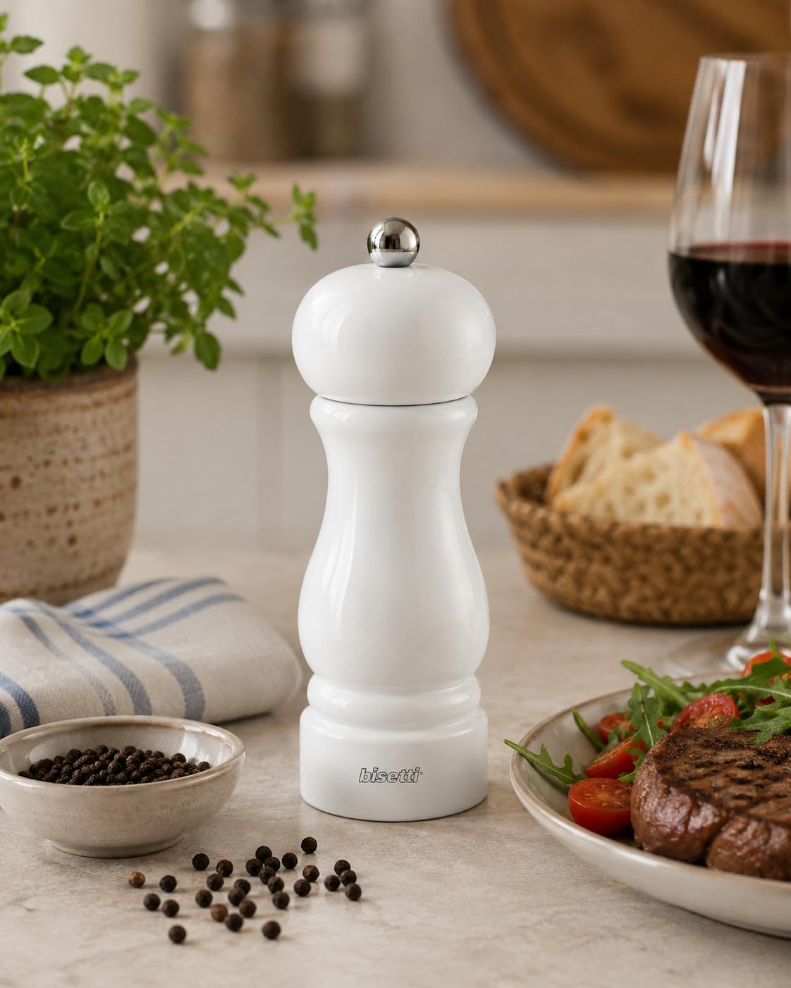 Bisetti Sorrento White Lacquered Beechwood Pepper Mill, 13 cm / 5.1 Inch