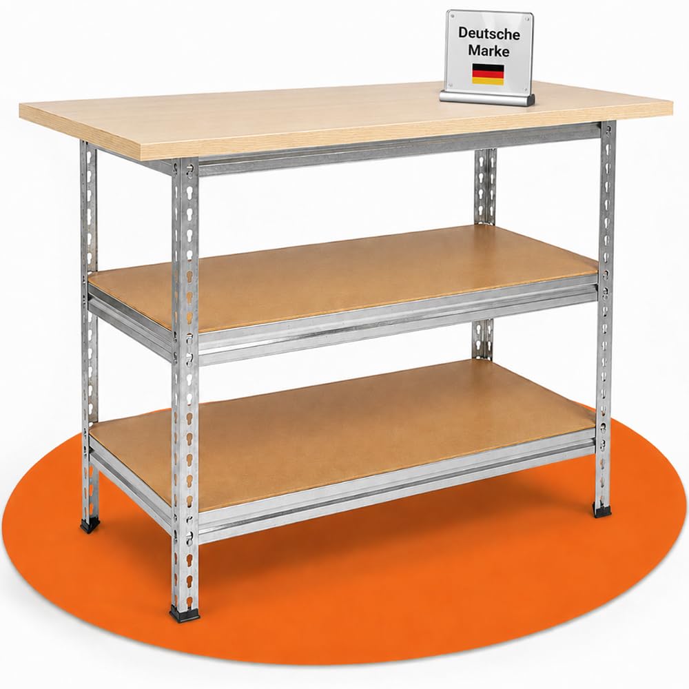 Ondis24 Werkbank Uwe 120cm Metallregal und Werktisch mit höhenverstellbaren Einlegeböden Packtisch verzinkt 92cm Arbeitshöhe mit Buchenarbeitsplatte (Melamin)