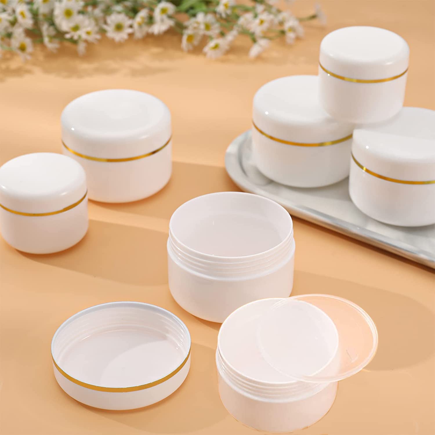 24 Pezzi 100 g Bianco Contenitori Cosmetici Plastica, 100 ml Crema Barattoli Vasetto Vuoto di Bordo Oro, Imbottitura interna, per Stoccaggio di Viaggi, Maschera, Cream gli occhi, DIY