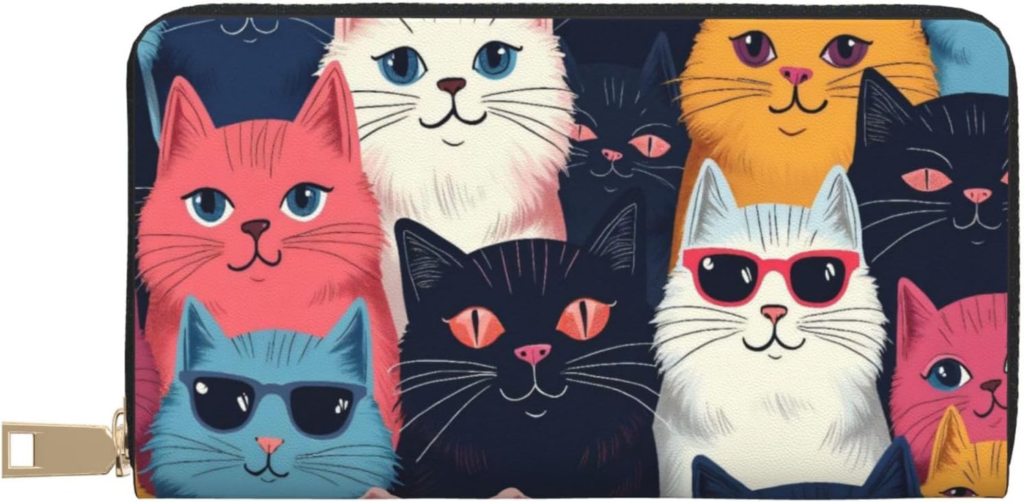 Cartoon Colorful Cats Print Wallet Women, Leather Bifold Multi Card Wallet, Long Purse Women's Wallets