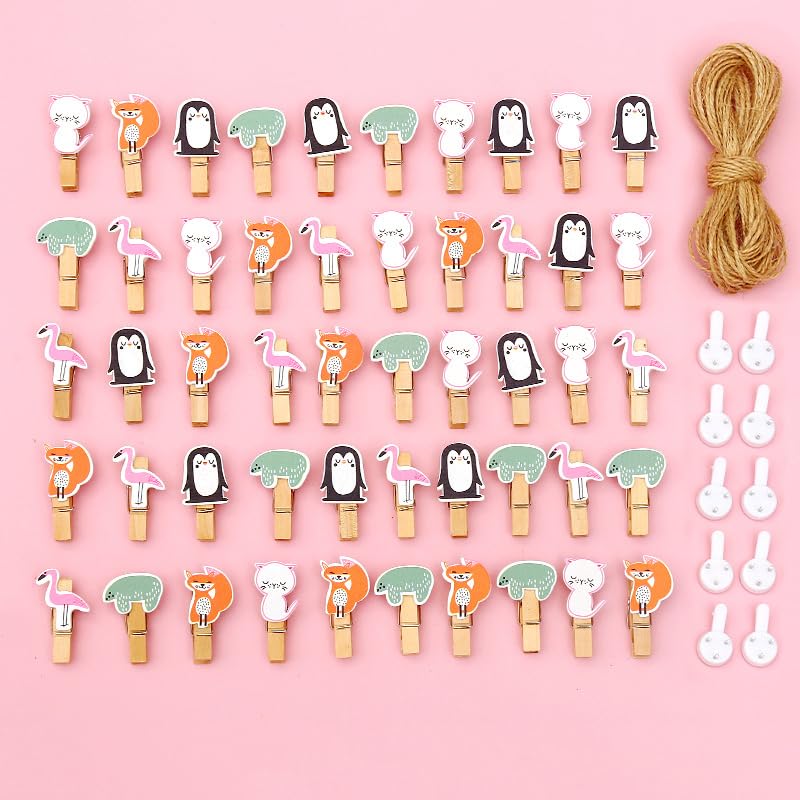 50 Pcs Animal Clothes Pins Wood Snack Clips Flamingo Festival Decorative Strong Peg Pin Crafts Works Project with String Wall Traceless Hook Nails