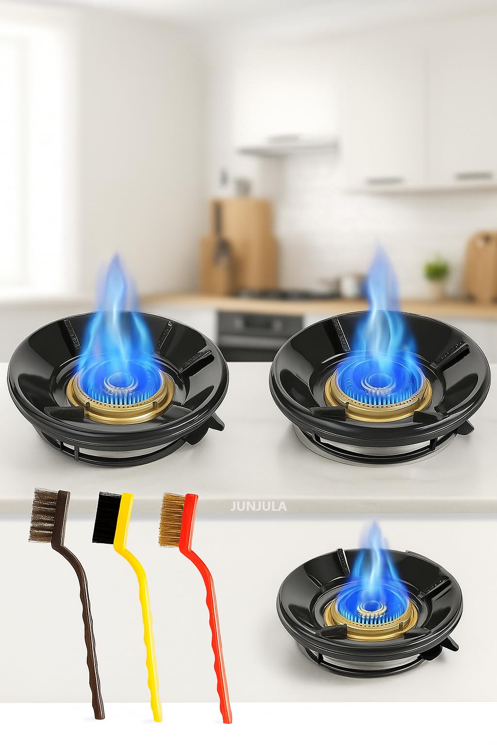 JUNJULA Black Gas Saver Burner Saver Stand Jali Ring Fire & Windproof Energy Saving, Set of 3 Pc Mini Wire Brush Cleaning Tool Kit Brass, Nylon, Stainless Steel Bristles (3pcs Gas Burner)
