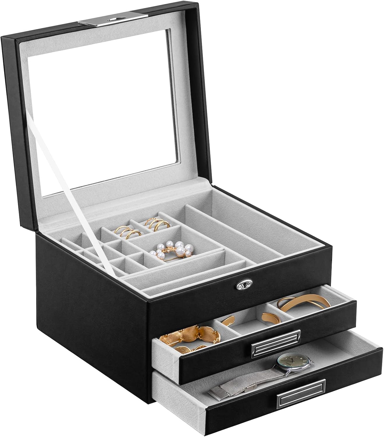 Oyydecor Jewelry Box with Clear Lid, 3-Layer Jewelry Organizer with 2 Drawers PU Leather Display Storage Case Necklace Ring Earring Storage Case Gifts for Women