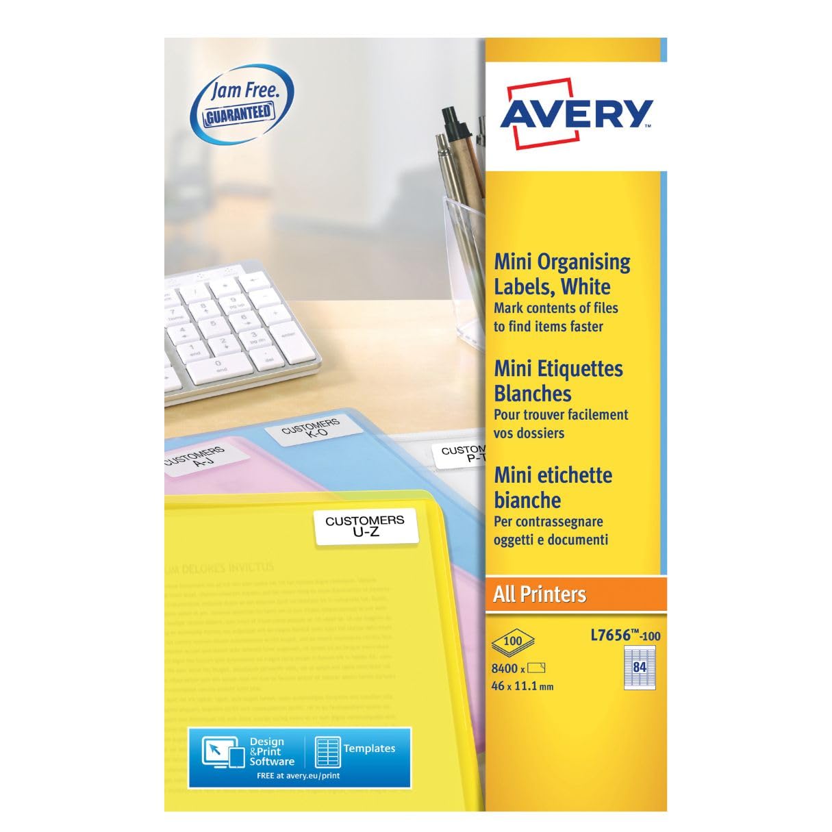 Avery White 46 x 11.1 mm Self Adhesive Laser Mini Multipurpose Labels - 84 Per Page - 100 Sheets (L7656-100)