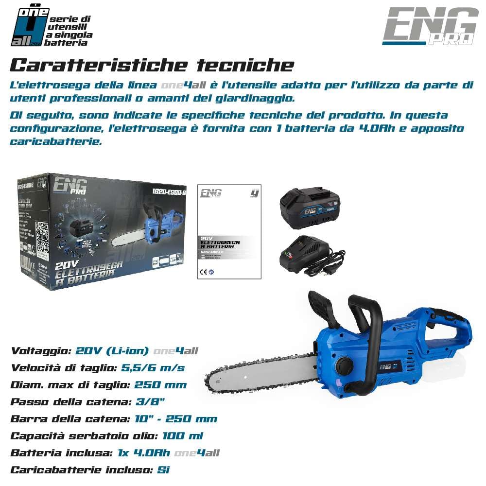 Motosega a batteria per potatura| Linea Professionale a Batteria ONE4ALL| Elettrosega portatile | Lunghezza Barra lama 10” (250 mm) | 1 Batteria 4.0 Ah