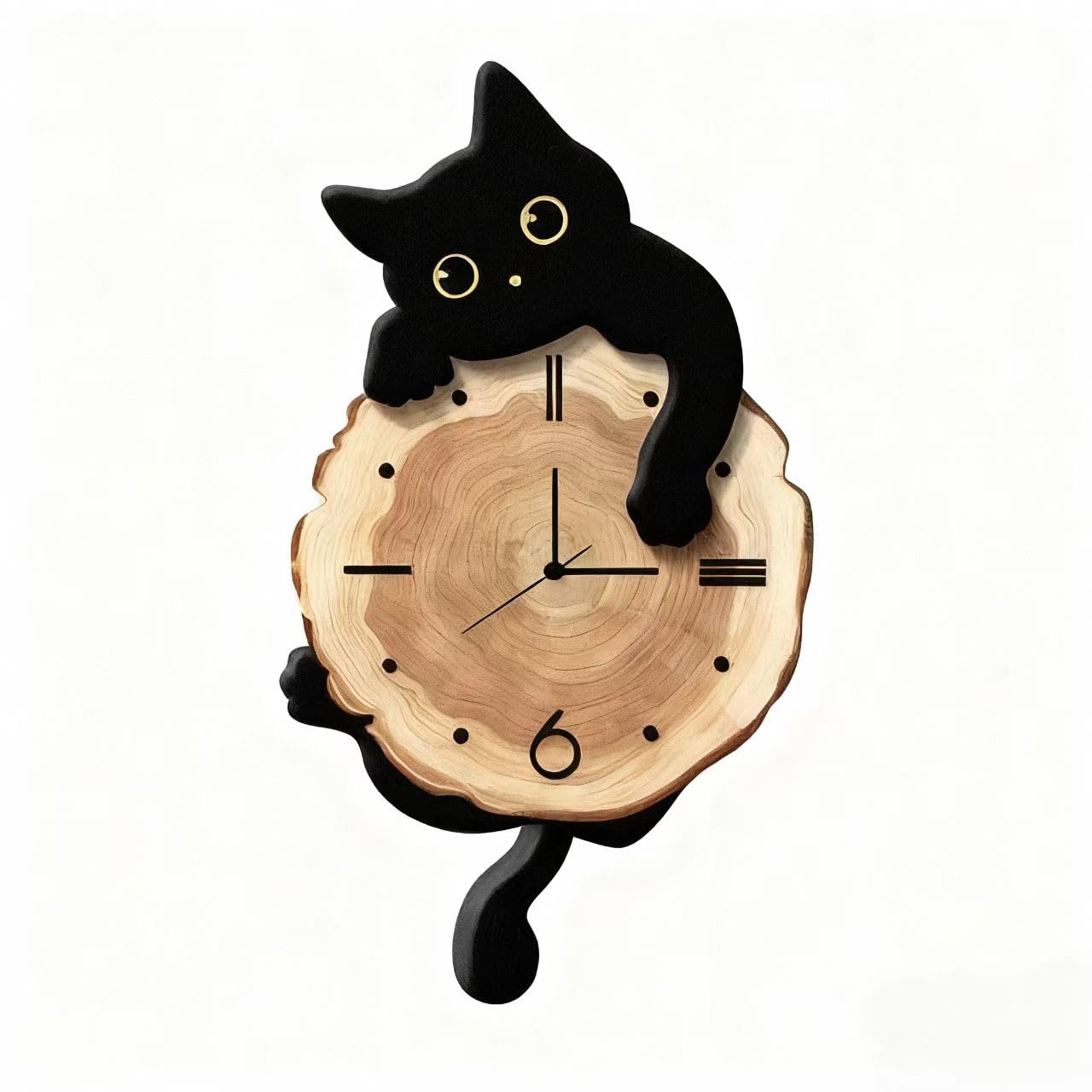 Cat Wall Clock with Swinging Tail, Silent Non-Ticking, Black and White, Plastic, 12x13 Inches, Contemporary Style, Pendulum Design for Living Room, Office, Bedroom, Kitchen