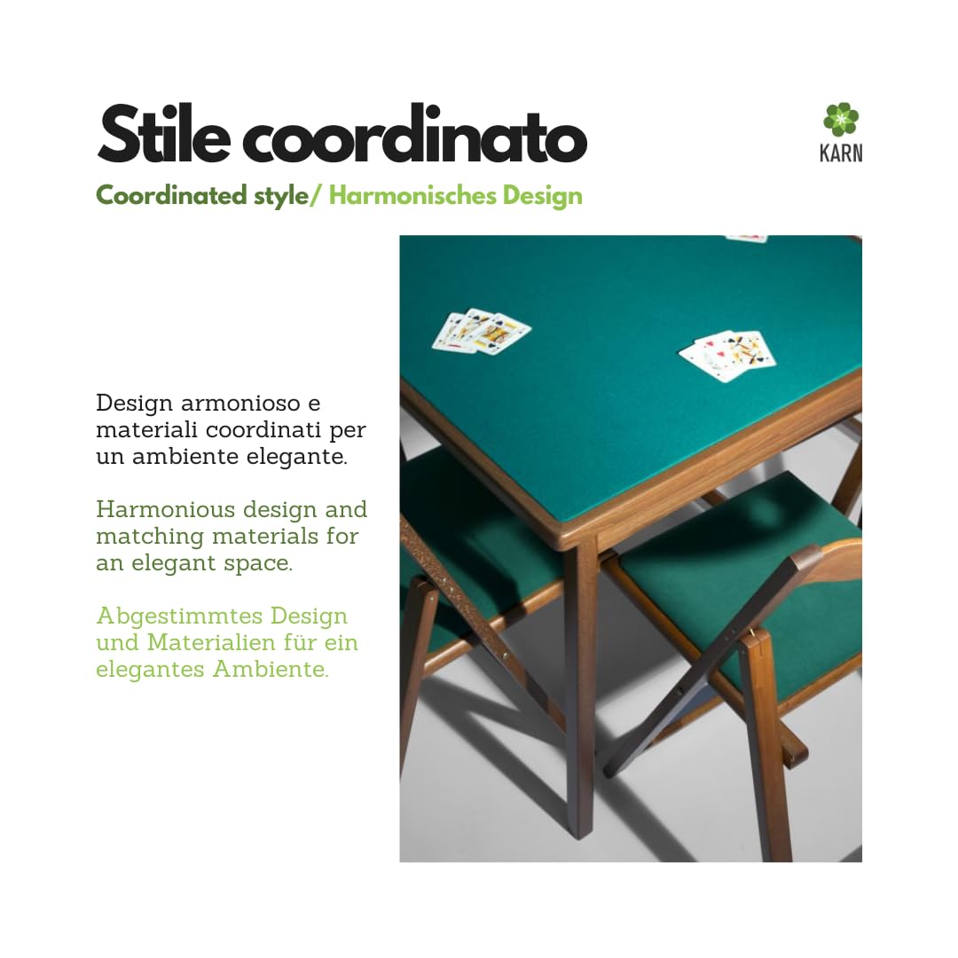 Karn Tavolo da Gioco Pieghevole Classic con 4 Sedie pieghevoli – Tavolo Carte Poker 90x90 o 80x80 cm in Legno Faggio Massello con Panno Verde – Salvaspazio Made in Italy