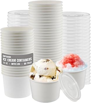Ice Cream Cups with Lids, 12 Ounce, 50 Count, White Paper Bowls for Cold and Hot Desserts