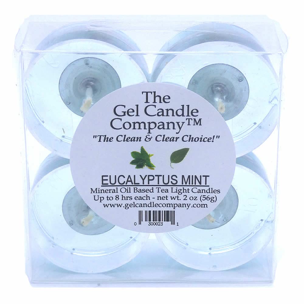 4 Pack of Eucalyptus Mint Scented Gel Candle Mineral Oil Based Tea Lights Hand Poured in USA by The Gel Candle Company™ - up to 8 Hours Each