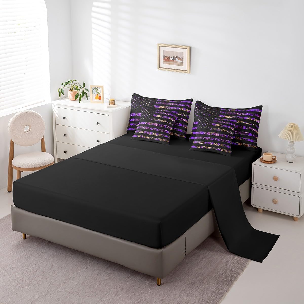 Feelyou American Flag 7 Pieces Bedding Set, Queen Size Purple Camouflage All Season,Bed in a Bag with Comforter, Sheets, Pillowcases Branch Hunting Bed Set Breathable Camouflage Hunter Room Decor