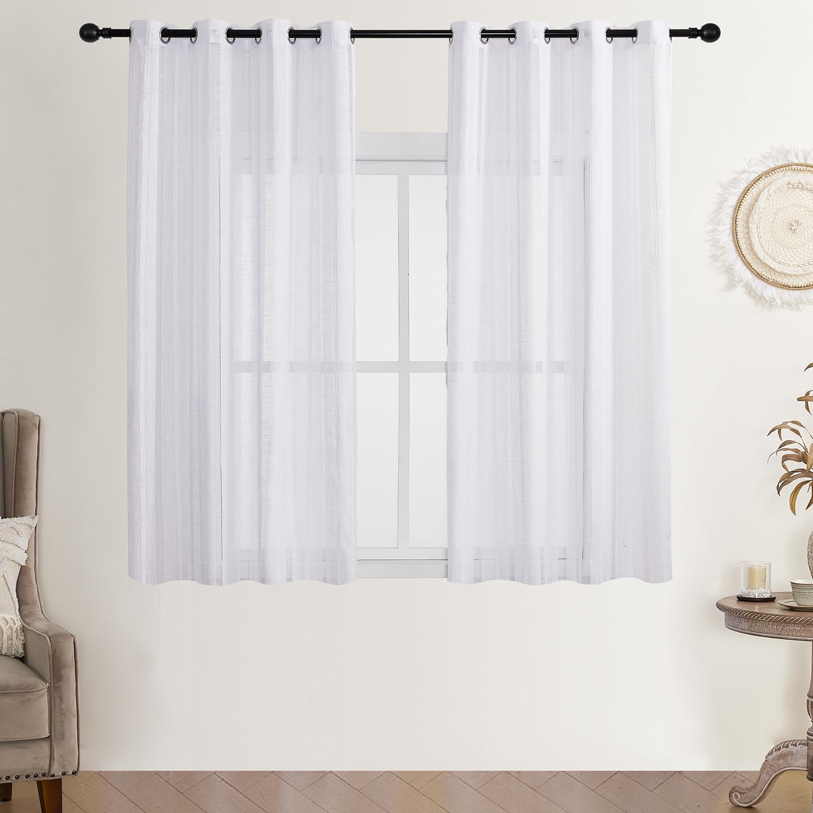 Estelar Textiler White Linen Textured Embroidered Grommet Curtains for Bedroom, Boho Farmhouse Curtains 63 Inch Length, Soft Light Filtering Semi Sheer Drapes for Living Room, 52Wx63L, 2 Panels