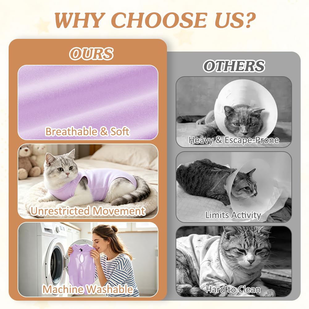 OFFCUP Combinaison de Récupération, 2 PCS Body Chat Post Operatoire, Gilet de Récupération de Chat Femelle Male, Protection Contre Le Léchage Convient Plaies Abdominales ou Maladies de Peau, Violet/S