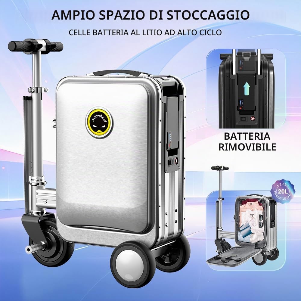 Airwheel SE3S Valigia Smart da viaggio da 20 pollici, valigia elettrica imbarcabile, batteria rimovibile 73,26WH, velocità 13 km/h, telaio in lega di alluminio, carico 110 kg (argento)