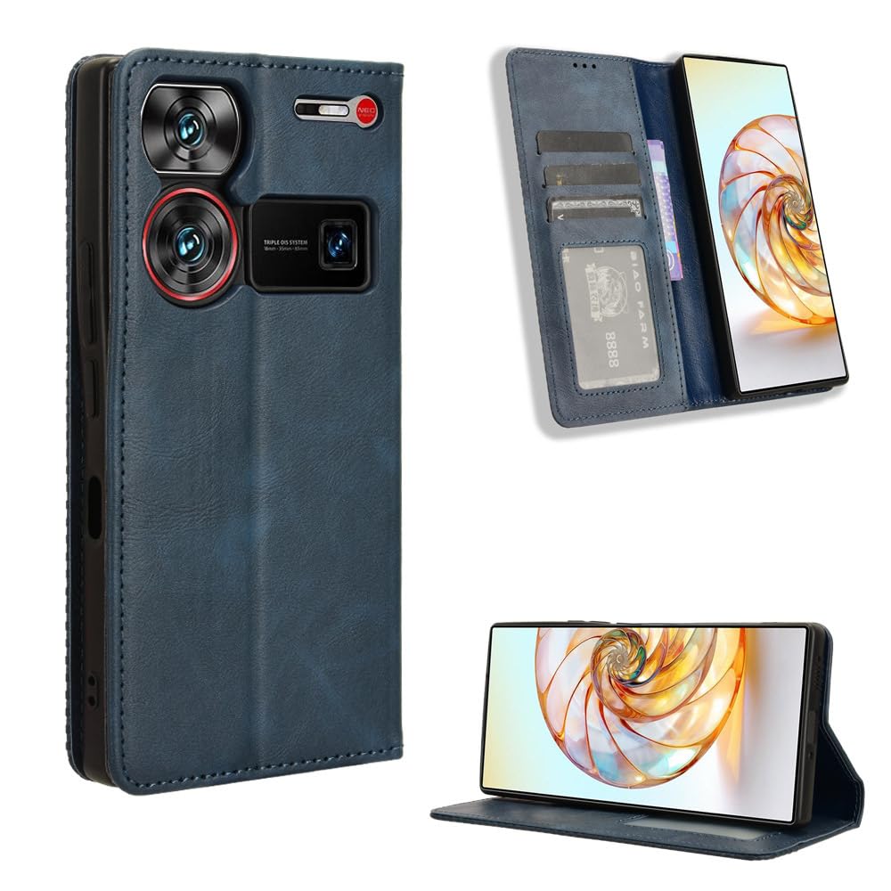 COMAKU Compatible with ZTE nubia Z60 Ultra Case Leather - Flip Cover Protection magnetic Phone Case wallet with Card Holder - Blue